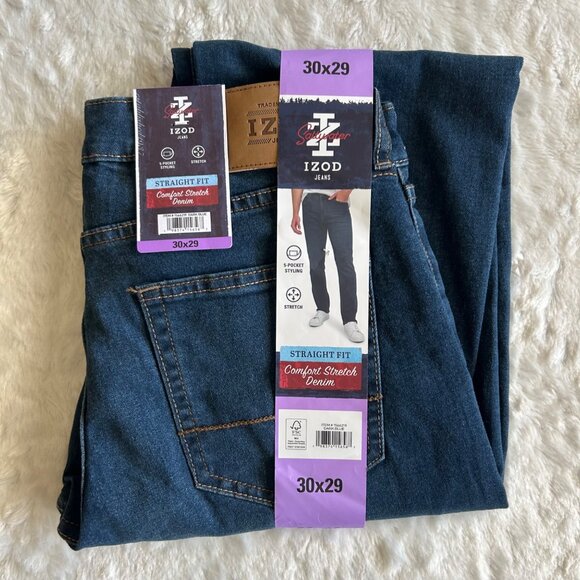 NWT Izod Mens Straight Leg Comfort Stretch Denim Jeans 30x29 Dark Wash - Picture 2 of 3